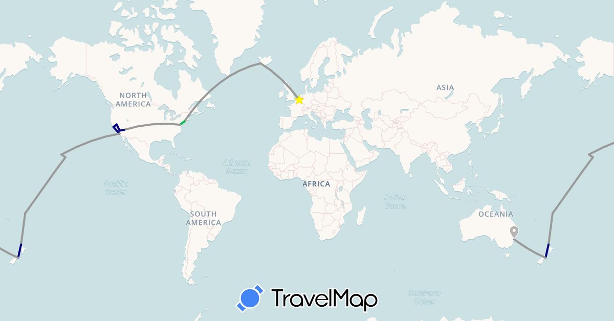 TravelMap itinerary: driving, bus, plane in Australia, Belgium, Fiji, Iceland, New Zealand, United States (Europe, North America, Oceania)